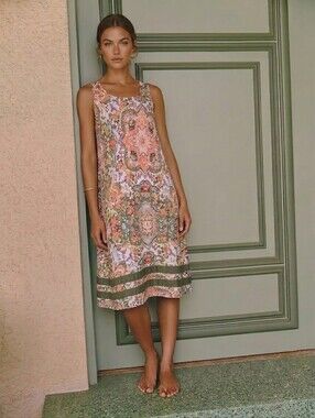 Ellen Tracy Sleeveless Paisley Boho Summer Swing Dress Keyhole Back Size Small
